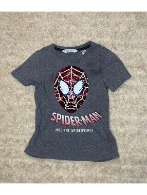 H&M x Marvel gray Spider-Man Into the Spider-Verse flip sequin t-shirt 4-6Y